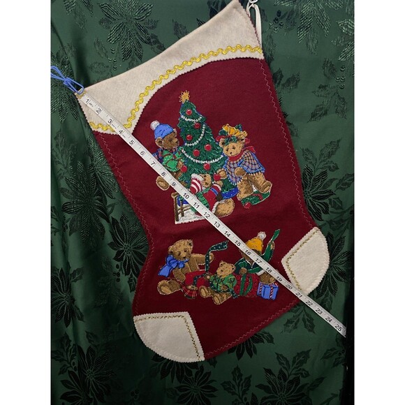 Vtg Christmas Stocking Handmade Oversized Felt Teddy Bear Appliqués Glitter Glue - Picture 4 of 4